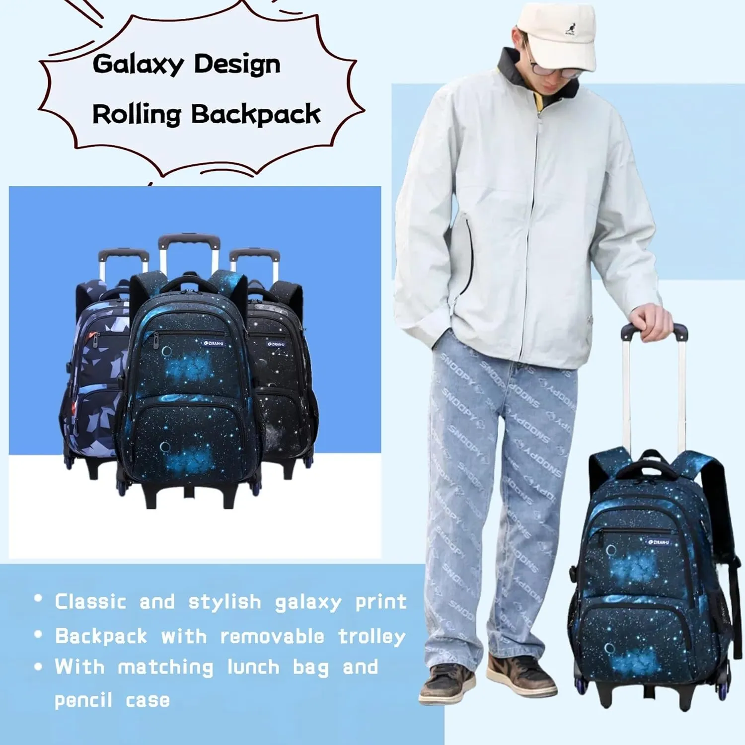 3Pcs Black Galaxy Boys Rolling Backpack Set with Insulated Lunch Bag, Multi-Pocket Trolley Elementary Bookbags School Bags on 6 Wheels