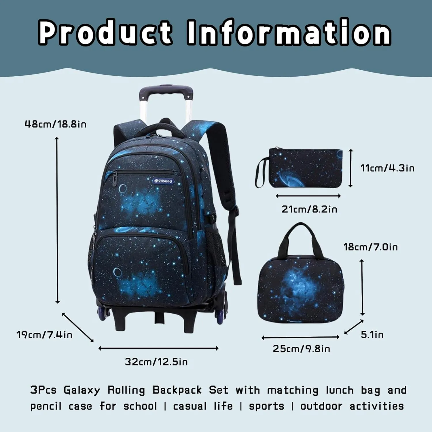 3Pcs Black Galaxy Boys Rolling Backpack Set with Insulated Lunch Bag, Multi-Pocket Trolley Elementary Bookbags School Bags on 6 Wheels