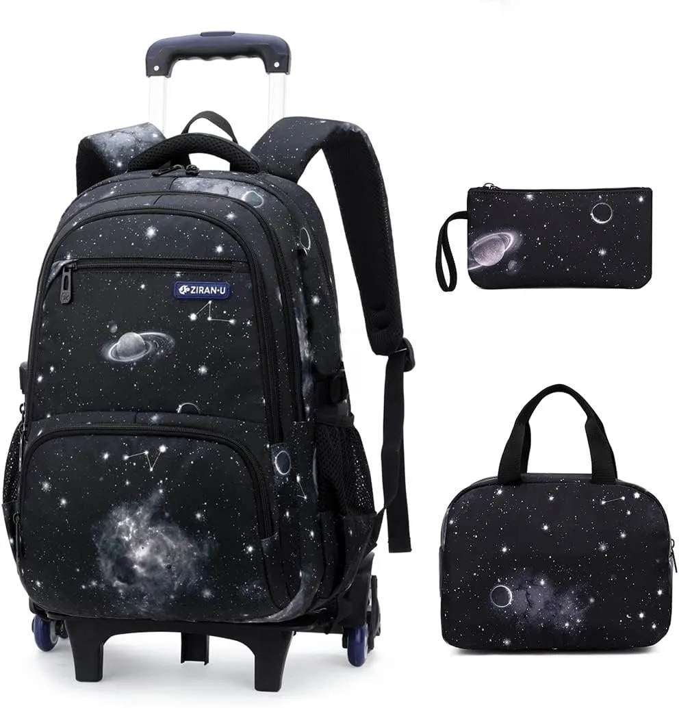 3Pcs Black Galaxy Boys Rolling Backpack Set with Insulated Lunch Bag, Multi-Pocket Trolley Elementary Bookbags School Bags on 6 Wheels