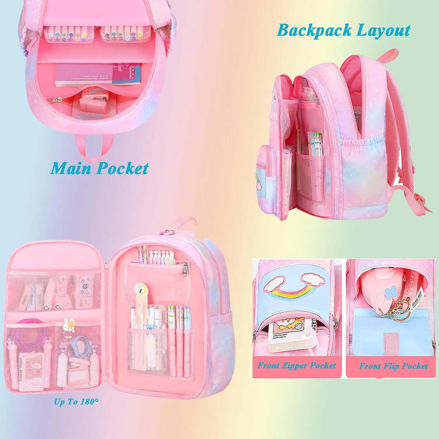 3pcs Girls Backpack, Kawaii School Backpack For Kids Children With Lunch Bag and Pencil Case (pink)