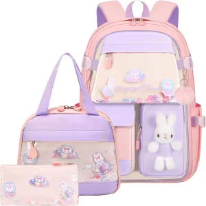 3pcs Girls Backpack With Lunch Box & Pencil Case,Cute Rabbit Kids School Backpack Set For Kindergarten & Elementary School (Style A Pink-16.5in)