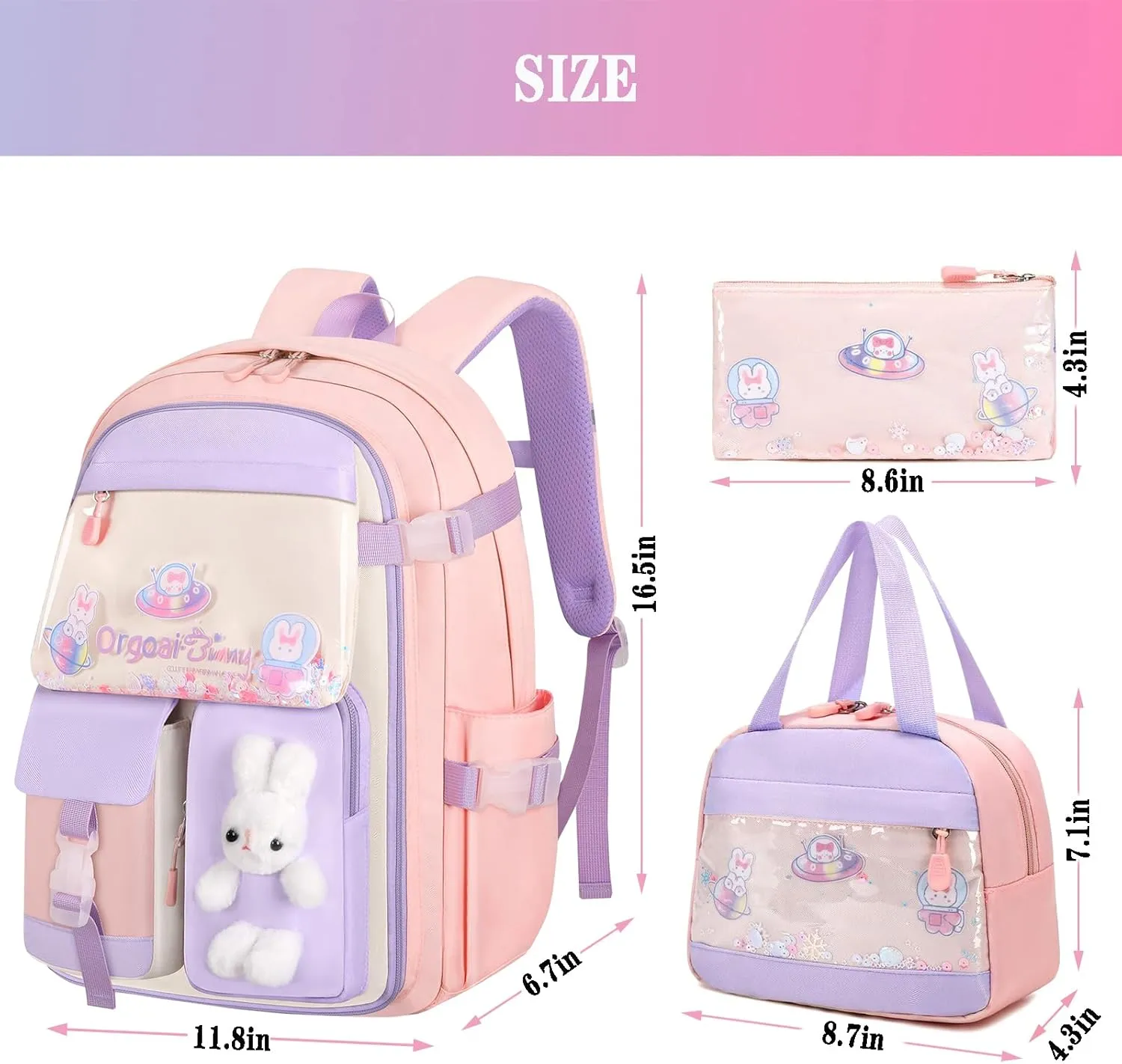 3pcs Girls Backpack With Lunch Box & Pencil Case,Cute Rabbit Kids School Backpack Set For Kindergarten & Elementary School (Style A Pink-16.5in)
