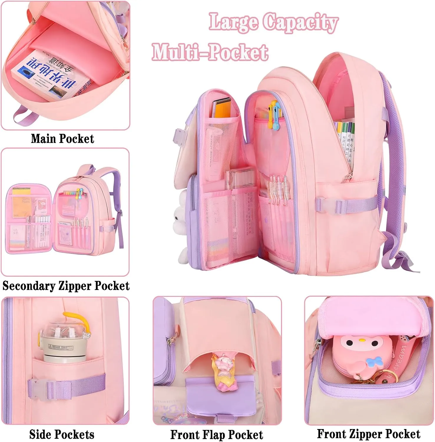 3pcs Girls Backpack With Lunch Box & Pencil Case,Cute Rabbit Kids School Backpack Set For Kindergarten & Elementary School (Style A Pink-16.5in)