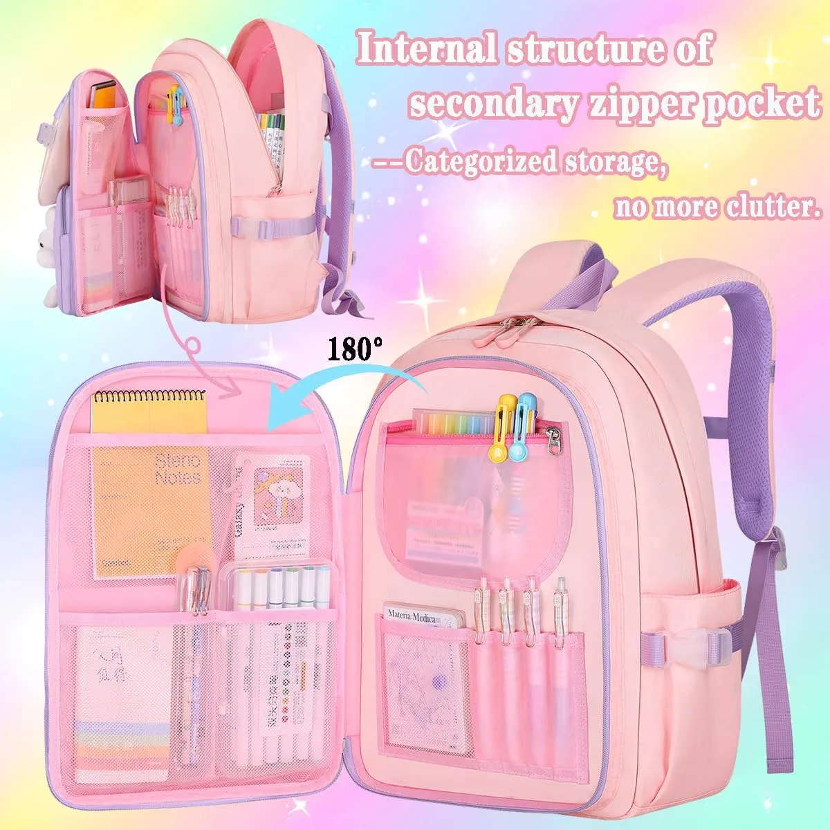 3pcs Girls Backpack With Lunch Box & Pencil Case,Cute Rabbit Kids School Backpack Set For Kindergarten & Elementary School (Style A Pink-16.5in)