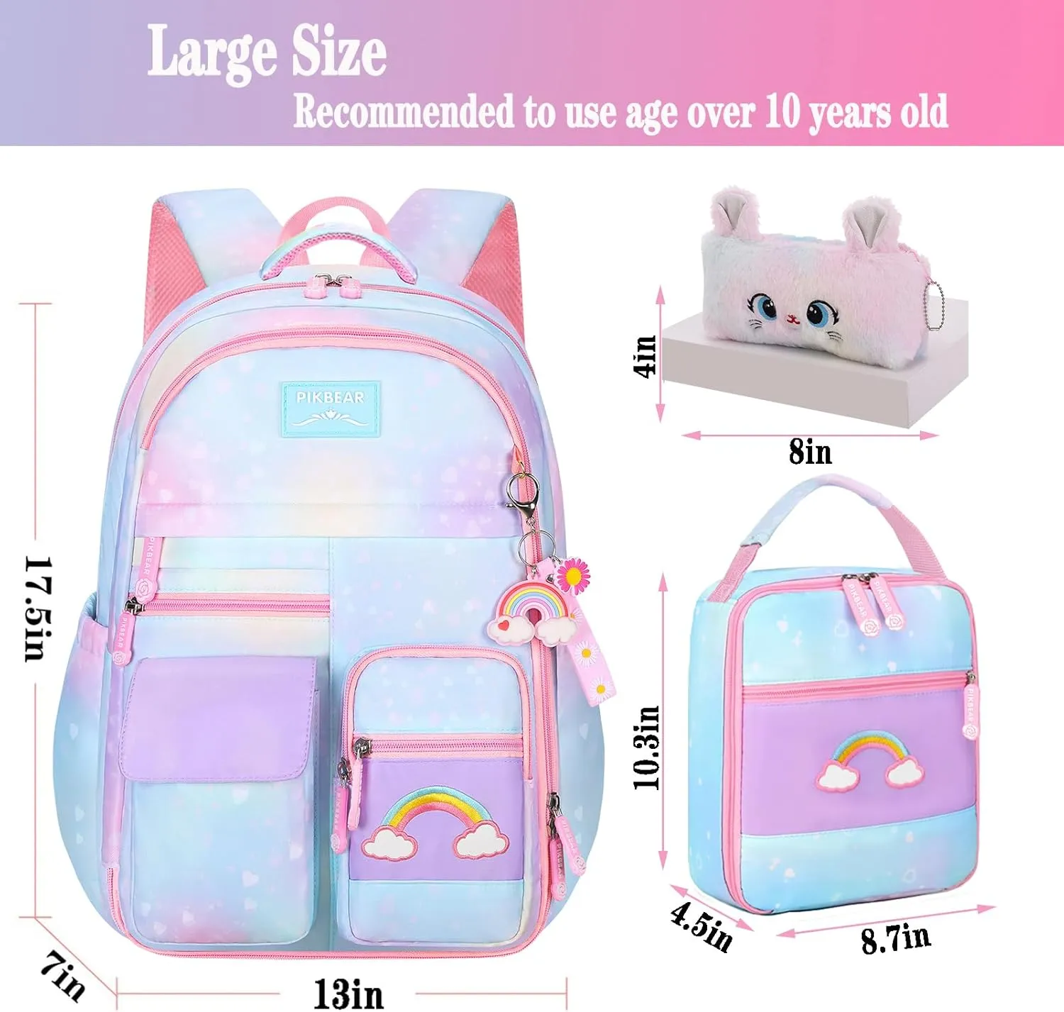 3Pcs Kids Backpack For Girls,Cute Rainbow Student School Backpack With Lunch Bag Pen Bag Set (Blue Large 17.5in