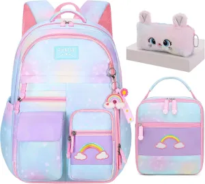 3Pcs Kids Backpack For Girls,Cute Rainbow Student School Backpack With Lunch Bag Pen Bag Set (Blue Medium 16.5in