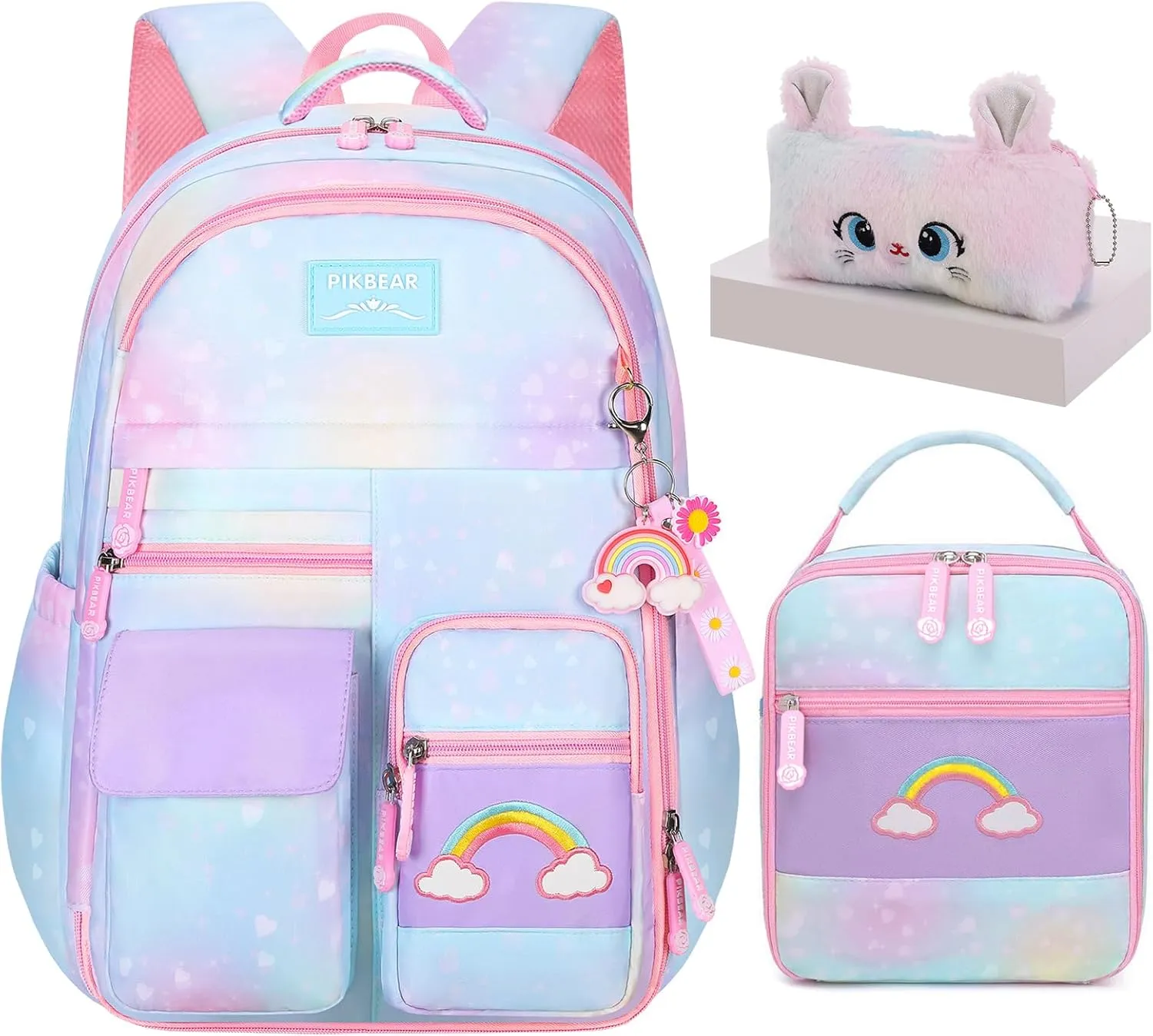3Pcs Kids Backpack For Girls,Cute Rainbow Student School Backpack With Lunch Bag Pen Bag Set (Blue Medium 16.5in