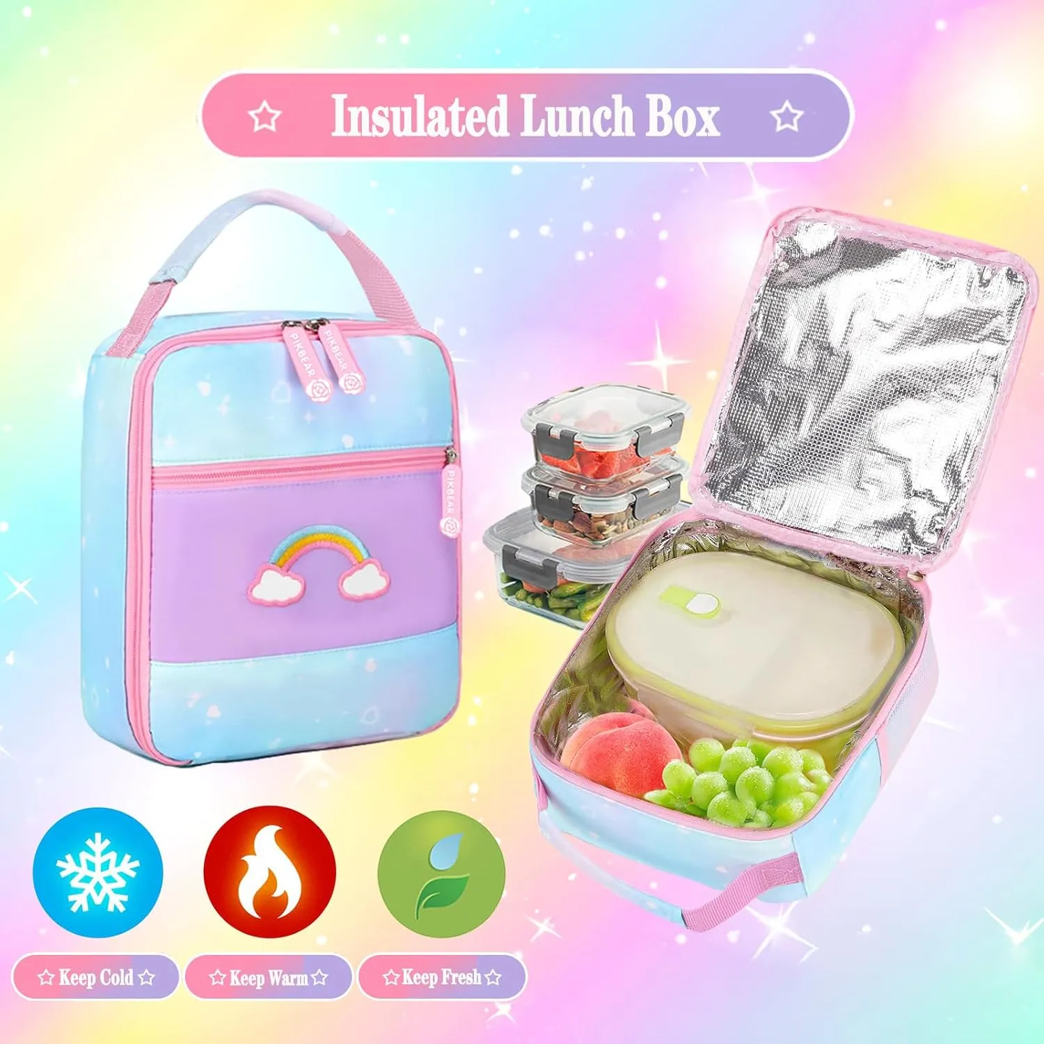 3Pcs Kids Backpack For Girls,Cute Rainbow Student School Backpack With Lunch Bag Pen Bag Set (Blue Medium 16.5in