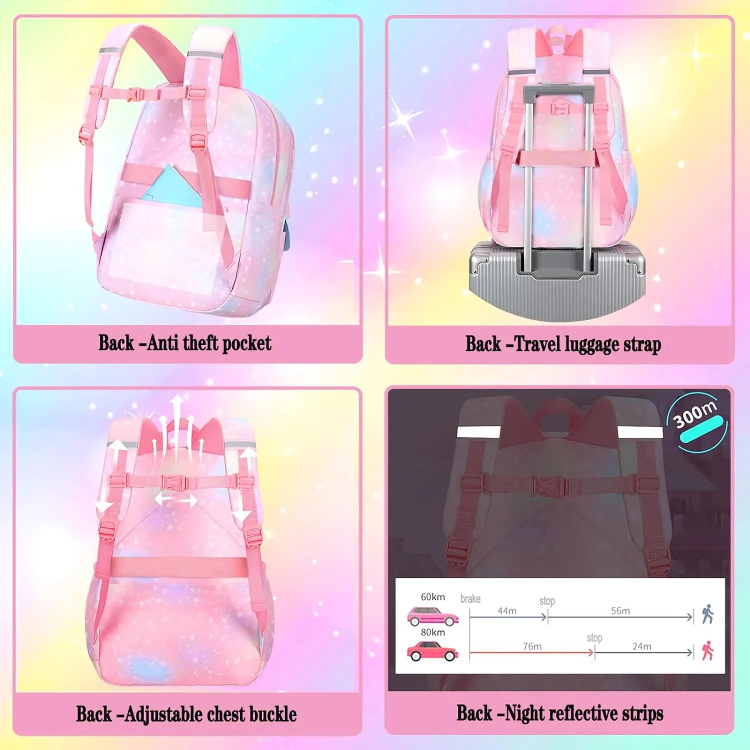 3Pcs Kids Backpack For Girls,Cute Rainbow Student School Backpack With Lunch Bag Pen Bag Set (Blue Medium 16.5in
