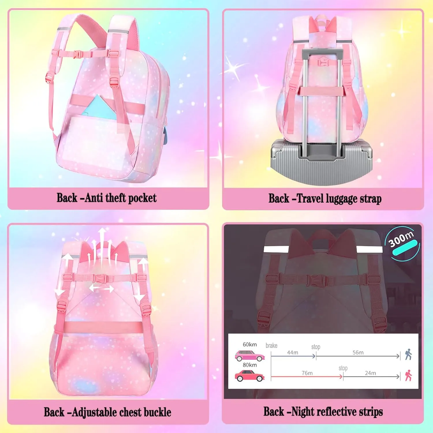 3Pcs Kids Backpack For Girls,Cute Rainbow Student School Backpack With Lunch Bag Pen Bag Set (Pink Large 17.5in