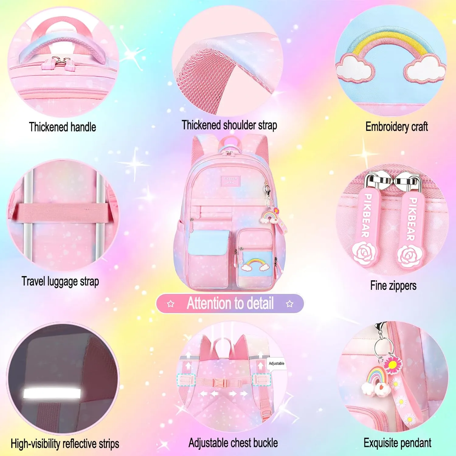 3Pcs Kids Backpack For Girls,Cute Rainbow Student School Backpack With Lunch Bag Pen Bag Set (Pink Large 17.5in