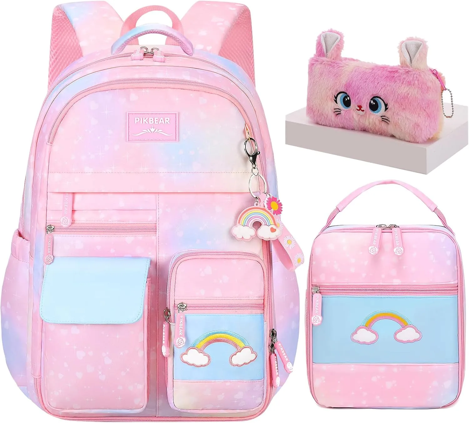 3Pcs Kids Backpack For Girls,Cute Rainbow Student School Backpack With Lunch Bag Pen Bag Set (Pink Large 17.5in