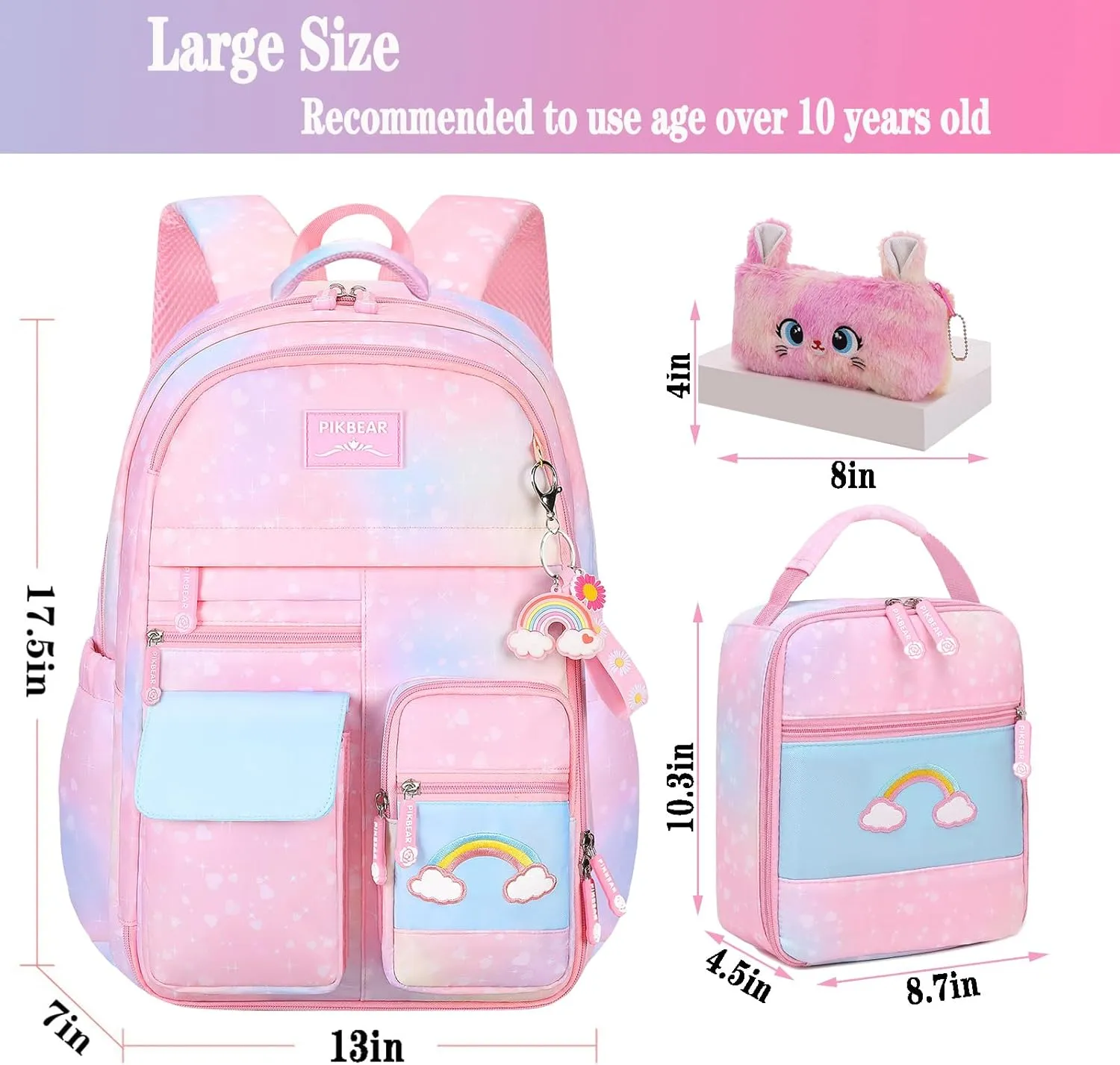 3Pcs Kids Backpack For Girls,Cute Rainbow Student School Backpack With Lunch Bag Pen Bag Set (Pink Large 17.5in
