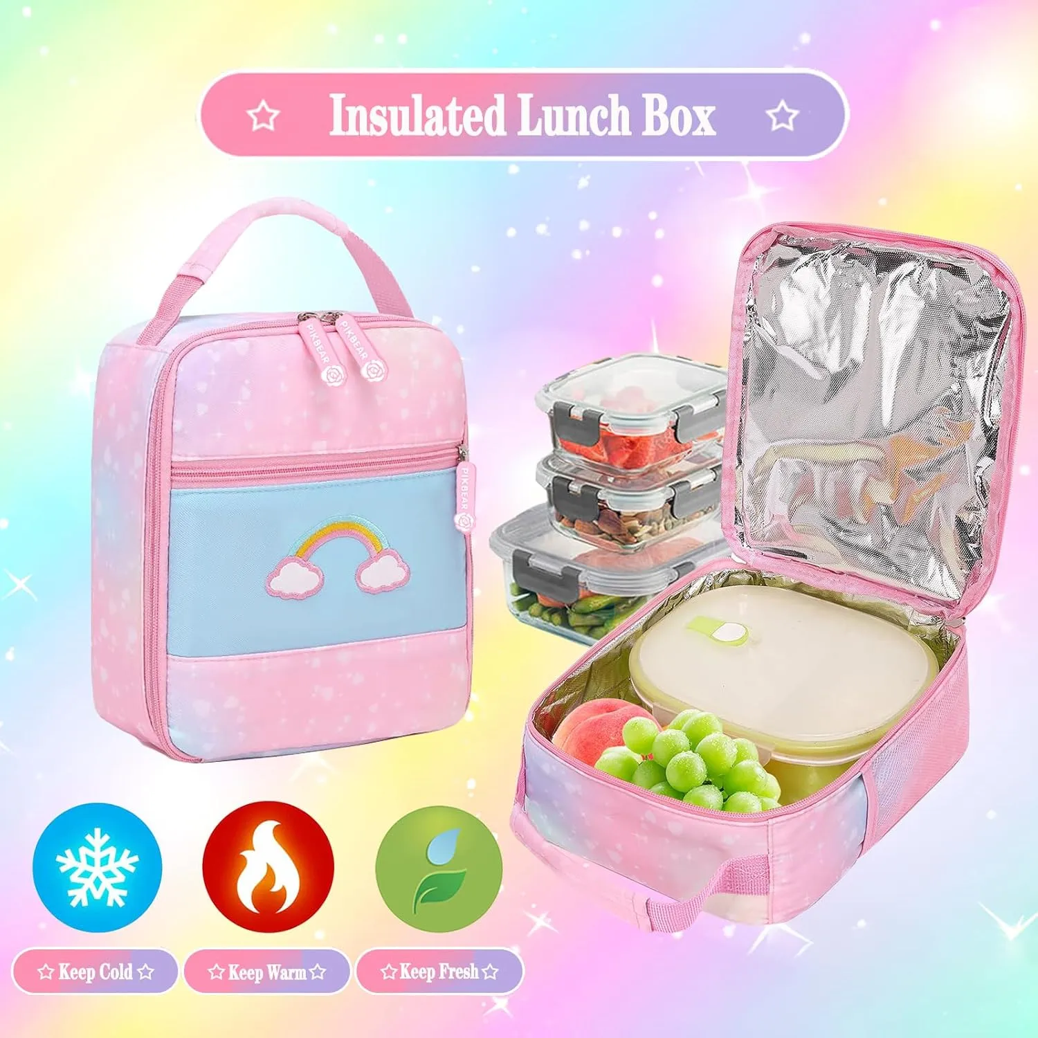 3Pcs Kids Backpack For Girls,Cute Rainbow Student School Backpack With Lunch Bag Pen Bag Set (Pink Large 17.5in