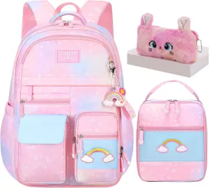 3Pcs Kids Backpack For Girls,Cute Rainbow Student School Backpack With Lunch Bag Pen Bag Set (Pink Large 17.5in
