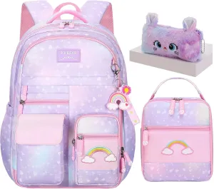 3Pcs Kids Backpack For Girls,Cute Rainbow Student School Backpack With Lunch Bag Pen Bag Set (Purple Medium 16.5in