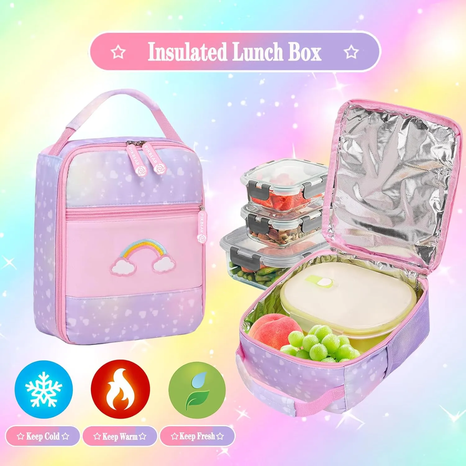 3Pcs Kids Backpack For Girls,Cute Rainbow Student School Backpack With Lunch Bag Pen Bag Set (Purple Medium 16.5in