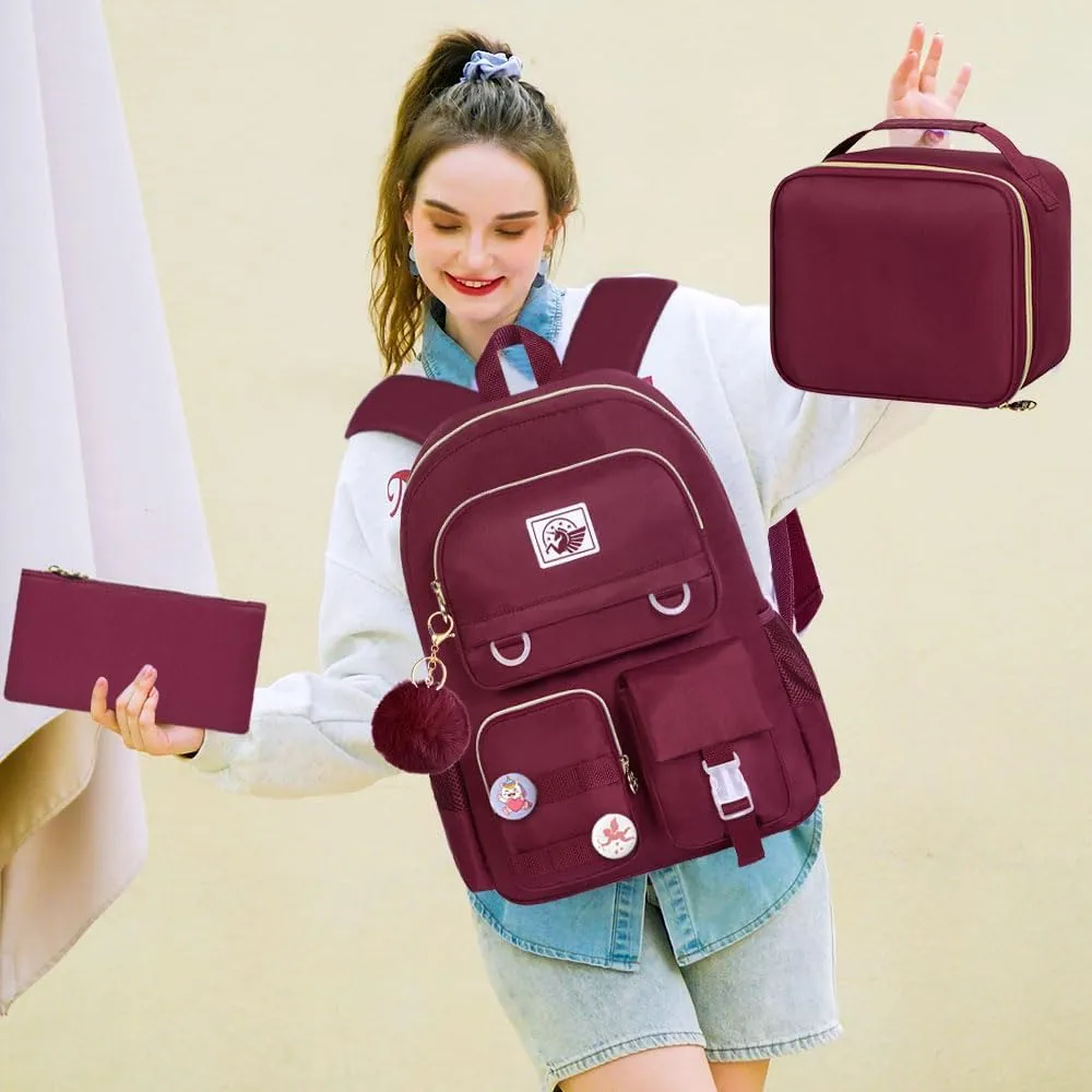 3PCS Laptop Backpack for Girls Women, 15.6" Cute Aesthetic Computer Water Resistant Anti Theft College School Bookbag with Lunch Box for Teens Students - Purple