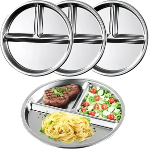 4 Pack Round Stainless Steel Portion Control Plates, 3-Compartment Design, Ideal for Home, Camping, and Picnic Meals