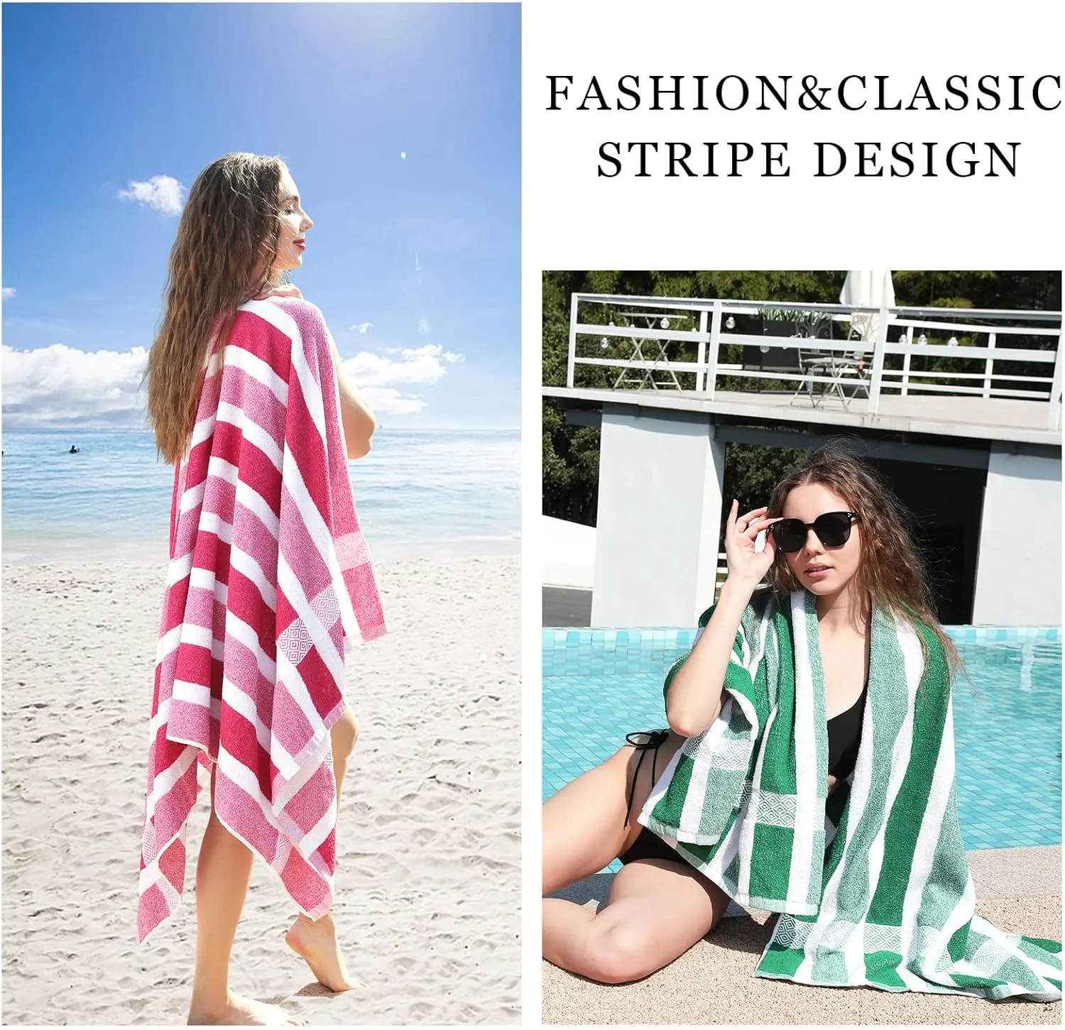4 Packs Stripe Beach Towel Thin Terry Set for Women Men 60X30 Inch Extra Oversized Large Size Clearance Travel Camping Absorbent Towels Accessories Beach Essentials Blanket Adults Gift Green White