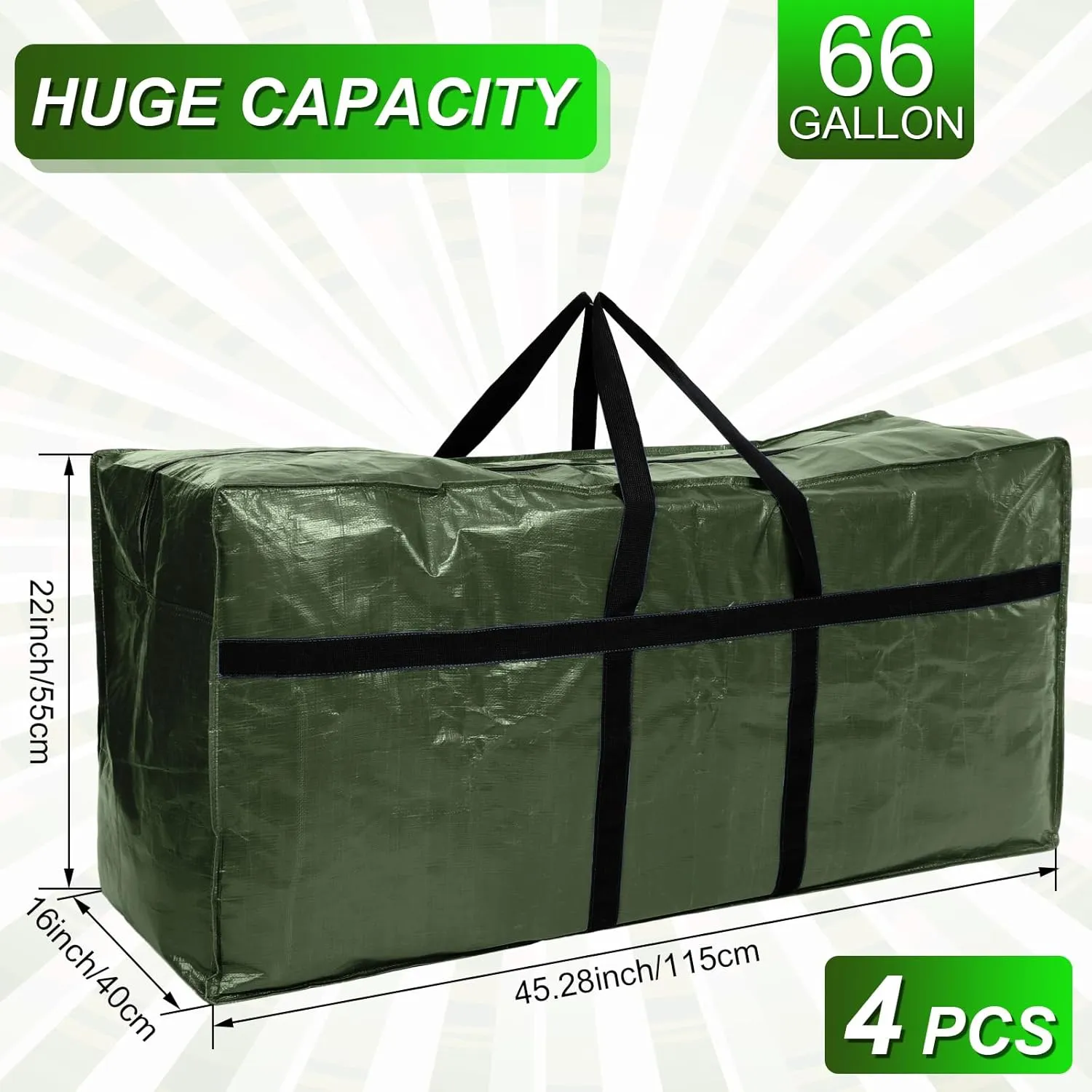 4 Pcs 66 Gallon Large Moving Bags with Zipper and Handles Foldable Storage Duffle Bags Heavy Duty Extra Large Totes for College Dorm Travel Clothes Blankets Bedding Moving(Green)