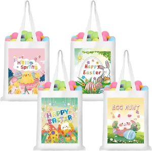 4 Pcs Easter Canvas Tote Bags 11.8 x 13.8 Inches Easter Gift Bags with Handles Reusable Egg Tote Handbag Bunny Treat Basket Bulk Canvas Grocery Bag for Spring Party Favors Gift