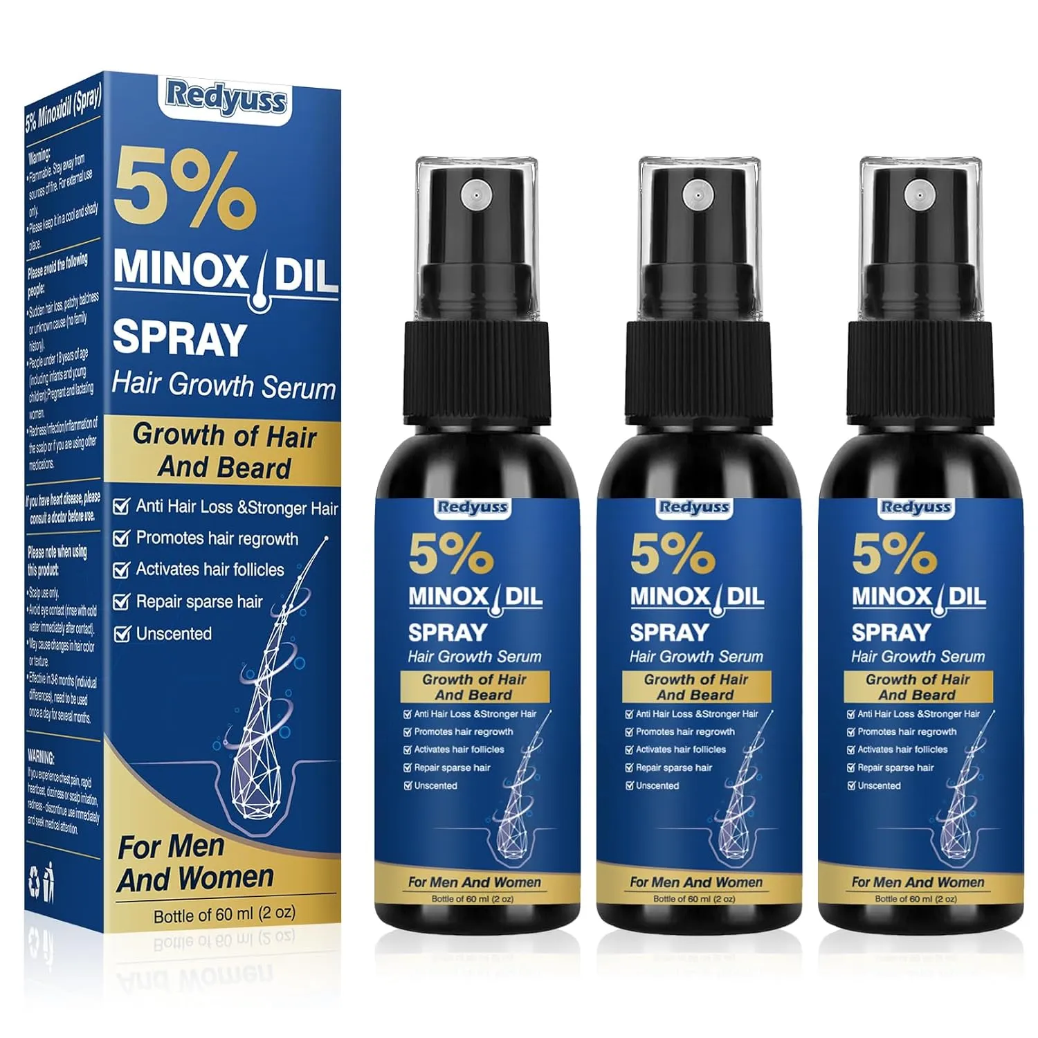 5% Minoxidil for Men and Women Hair Growth Spray Serum Minoxidil Biotin for Hair Beard Growth Prevent Hair Loss for Thicker Longer Fuller Healthier Hair 3 Bottles of 2oz