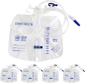 5 Pack Urinary Drainage Bag with Anti-Reflux Chamber,2000mL Urine Bags with 48" Tube Drainage,Splash-Resistant Drain Spout,Clips and Hanging Hook,Disposable Urine Bags for Men