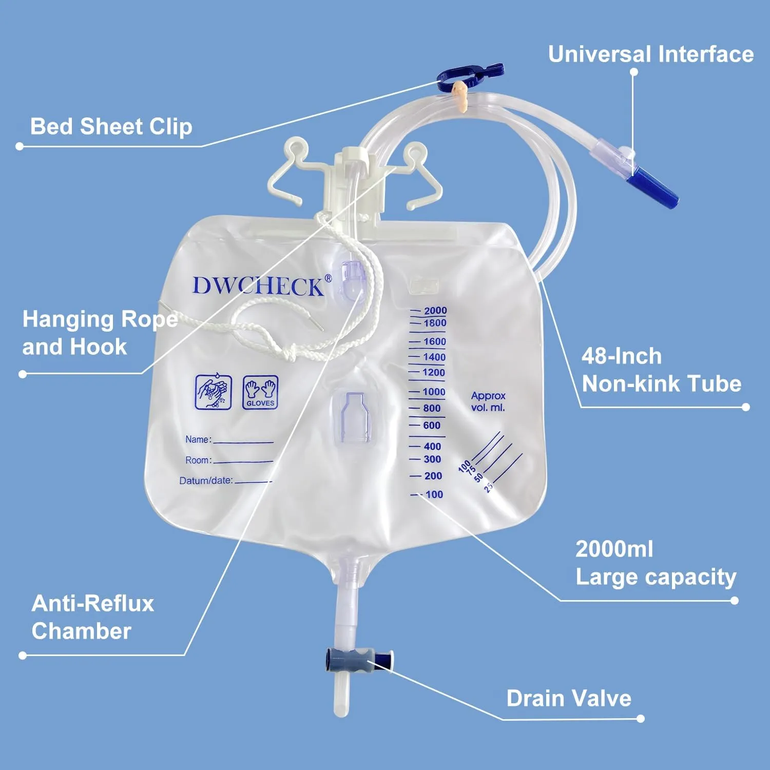 5 Pack Urinary Drainage Bag with Anti-Reflux Chamber,2000mL Urine Bags with 48" Tube Drainage,Splash-Resistant Drain Spout,Clips and Hanging Hook,Disposable Urine Bags for Men