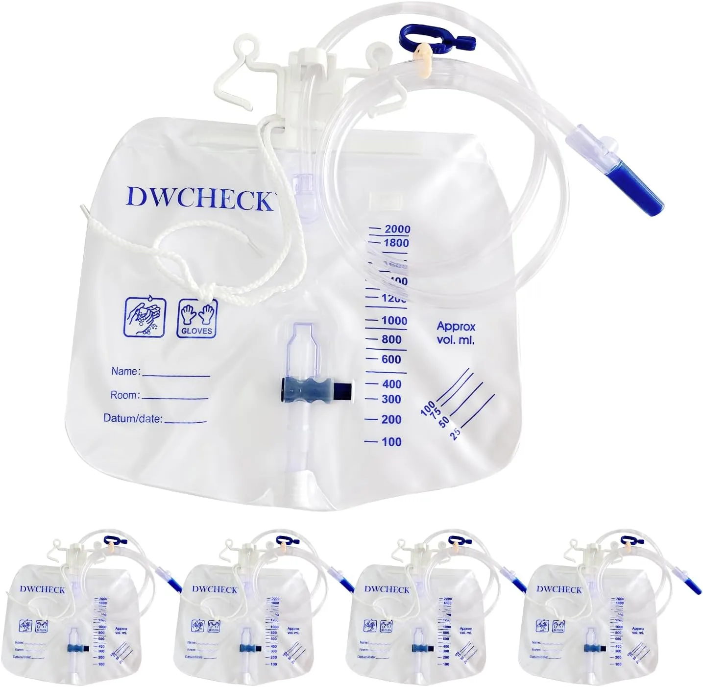 5 Pack Urinary Drainage Bag with Anti-Reflux Chamber,2000mL Urine Bags with 48" Tube Drainage,Splash-Resistant Drain Spout,Clips and Hanging Hook,Disposable Urine Bags for Men