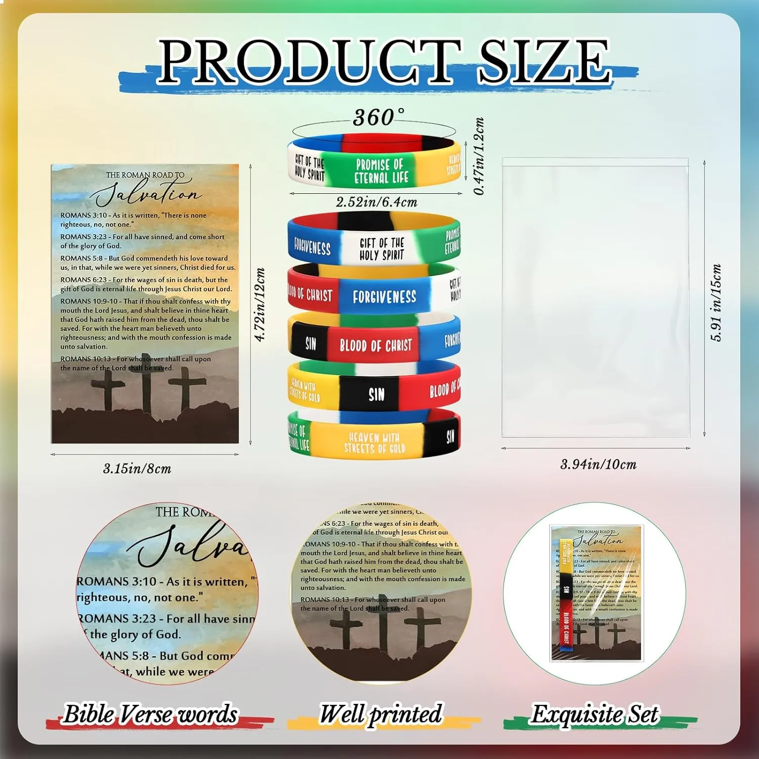 50 Sets Christian Gifts Bulk Salvation Bracelets with Plan of Salvation Cards Religious Silicone Bracelets Christian Bookmarks Gospel Tracts Roman Road to Church Teaching Kit