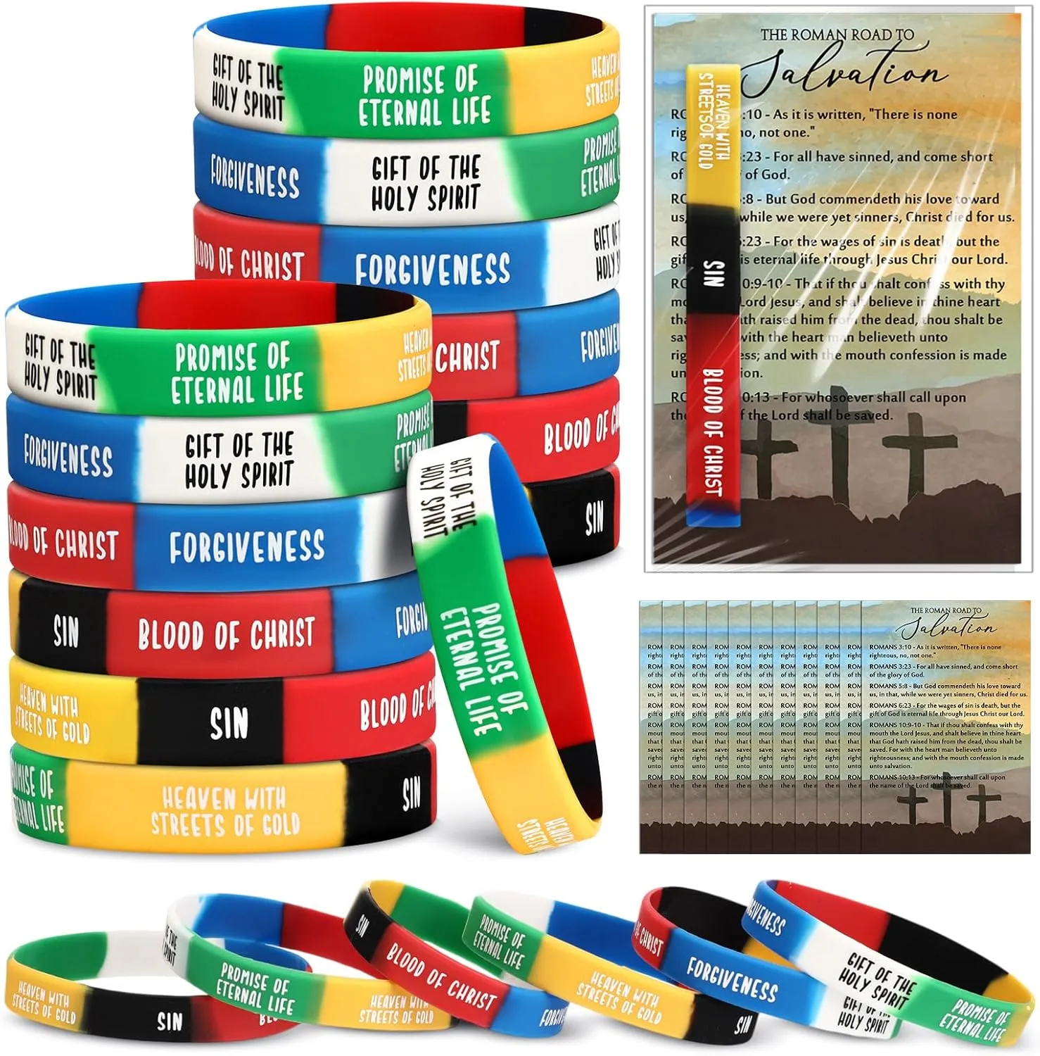 50 Sets Christian Gifts Bulk Salvation Bracelets with Plan of Salvation Cards Religious Silicone Bracelets Christian Bookmarks Gospel Tracts Roman Road to Church Teaching Kit