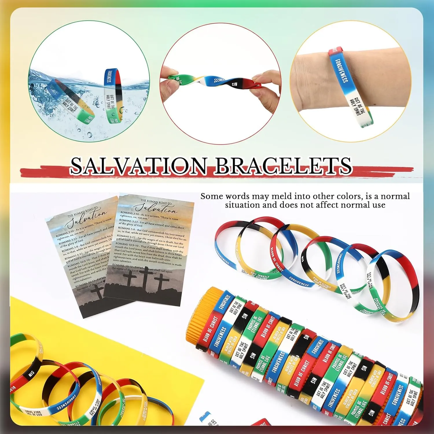 50 Sets Christian Gifts Bulk Salvation Bracelets with Plan of Salvation Cards Religious Silicone Bracelets Christian Bookmarks Gospel Tracts Roman Road to Church Teaching Kit