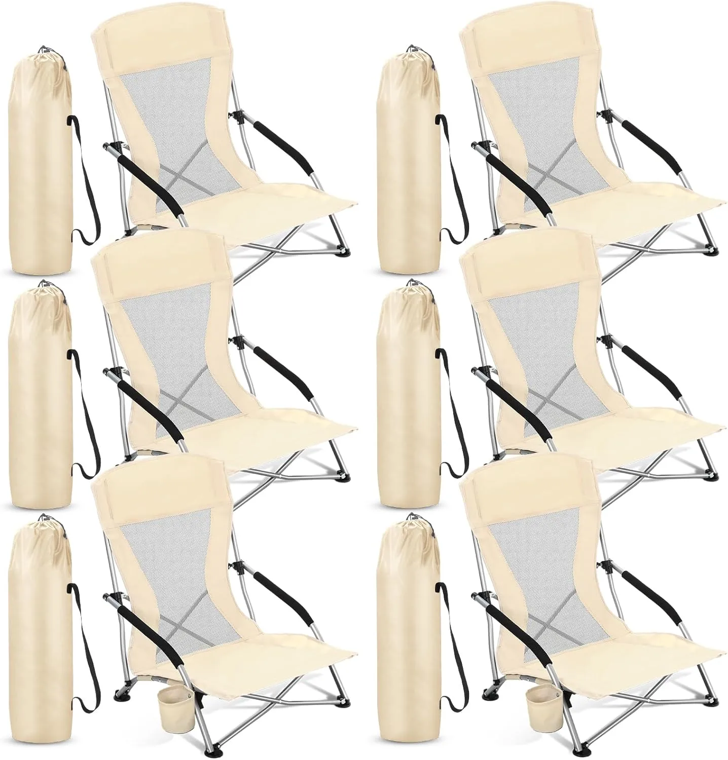 6 Packs Low Beach Chairs Portable Folding Beach Chairs for Adults with Cup Holder Carry Bag Low Back Camping Chair Lightweight Folding Lawn Chairs for Outdoor Sand Travel Concert (Beige)