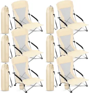 6 Packs Low Beach Chairs Portable Folding Beach Chairs for Adults with Cup Holder Carry Bag Low Back Camping Chair Lightweight Folding Lawn Chairs for Outdoor Sand Travel Concert (Beige)