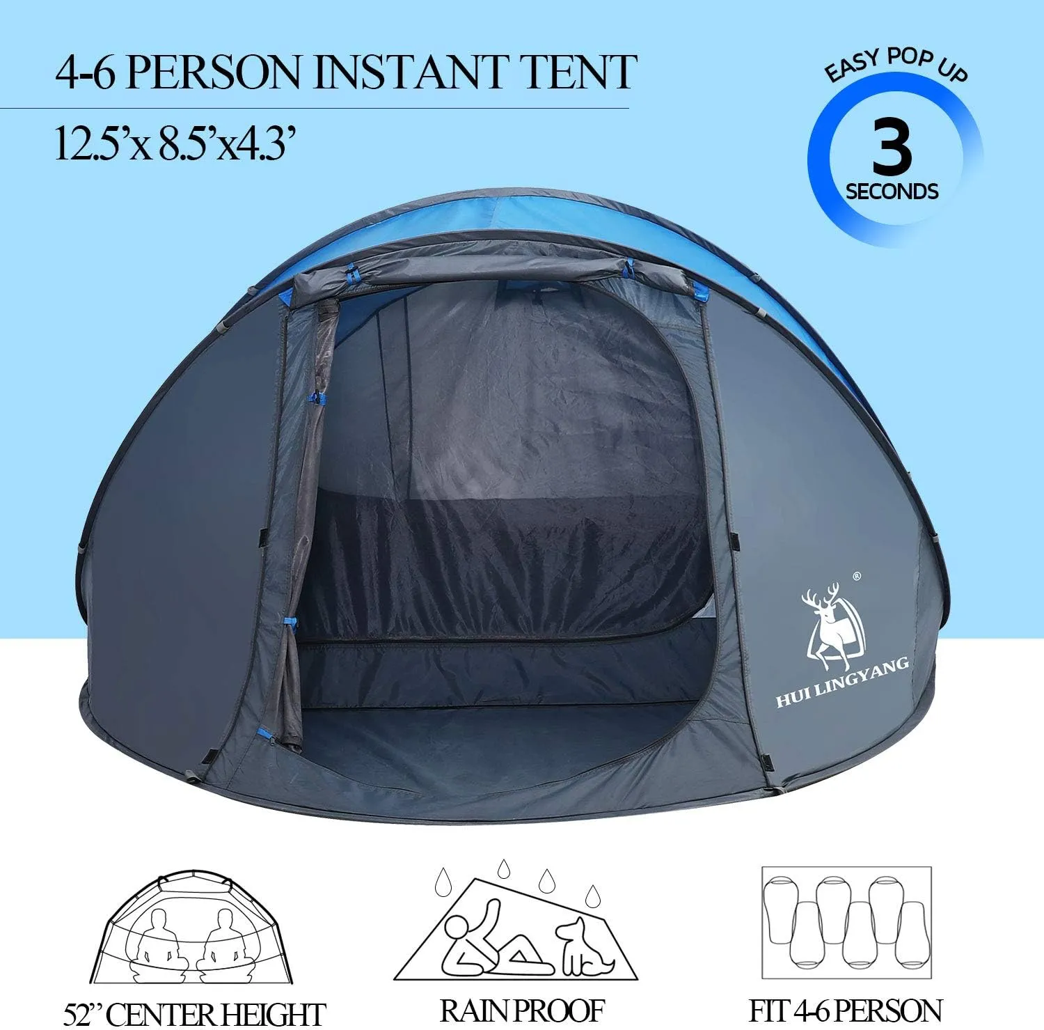6 Person Easy Pop Up Tent,12.5’ x 8.5‘ x53.5,Automatic Setup,Waterproof, Double Layer,Instant Family Tents for Camping,Hiking & Traveling