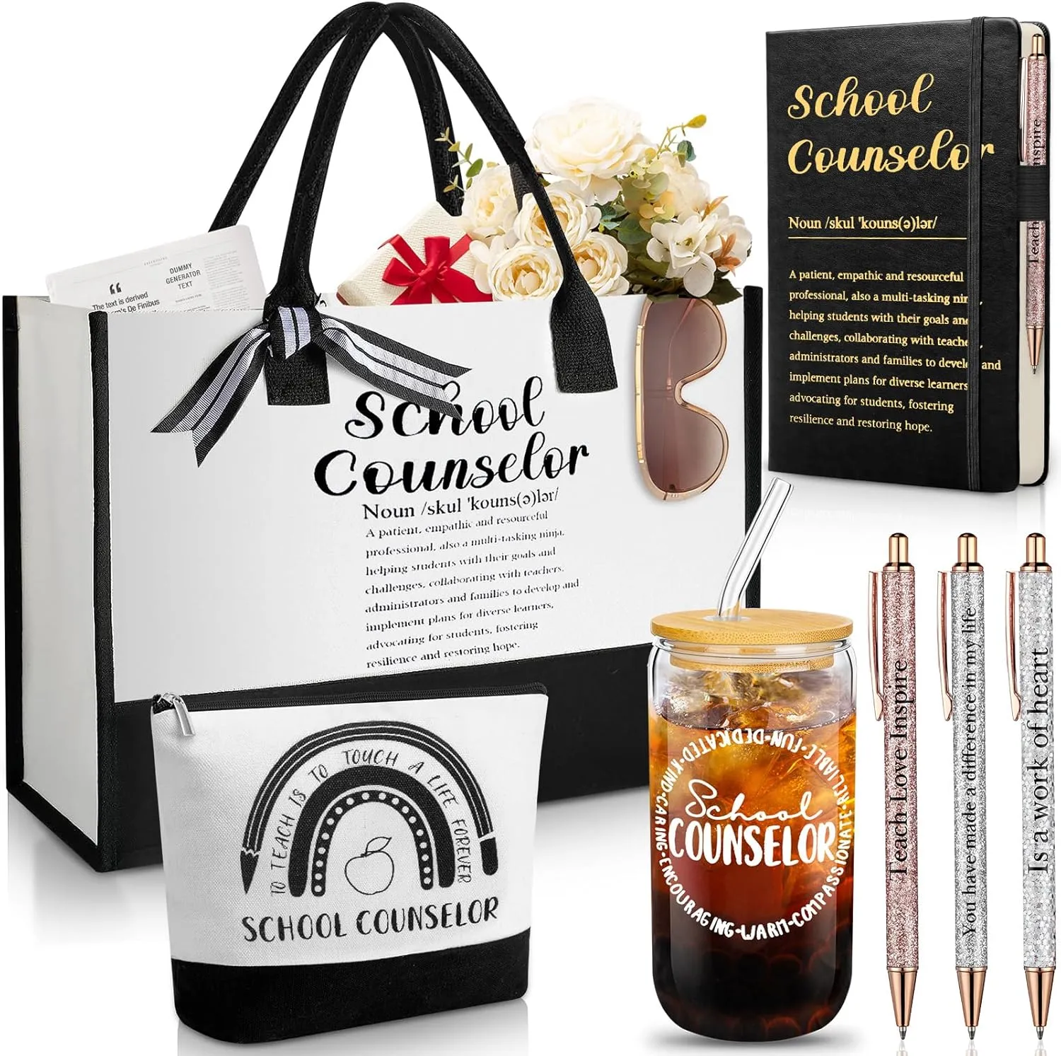 7 Pcs School Counselor Gift Sets School Counselor Appreciation Thank You Gifts Include 16 oz Iced Coffee Cups Canvas Tote Bag Makeup Bag Notepad 3 Ballpoints Pen for Teacher Educator Work