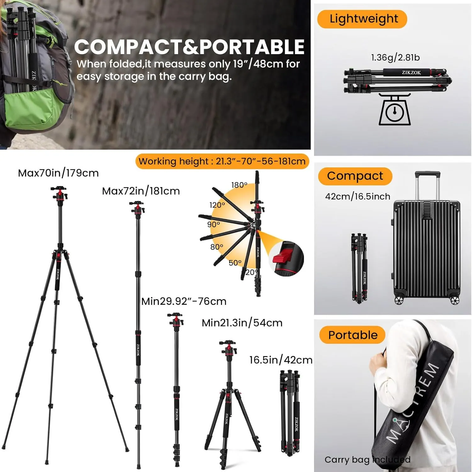 70" Tripod for Camera, Professional Aluminum Camera Tripod & Monopod with 360° Ball Head, Adjustable Lightweight Travel Tripod for Phone,DSLR,Tablet with Carry Bag