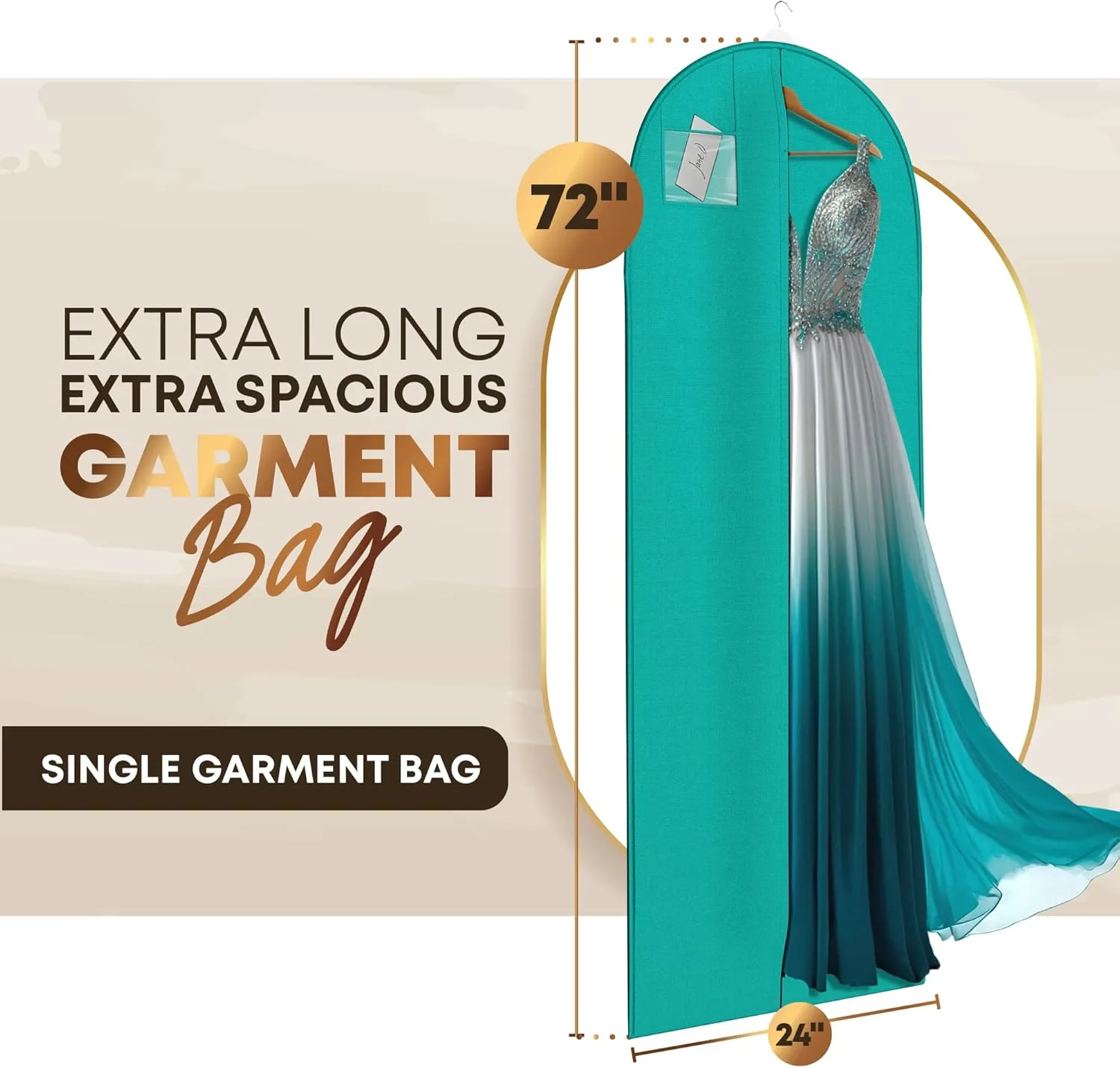 72" Long Dress Bags for Gowns - Wedding Dress Garment Bag for Dresses - Long Garment Bags for Hanging Clothes & Closet Storage - Durable Travel Bag for Women with ID Window