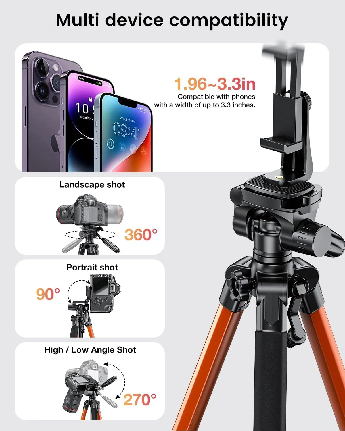 74"-Camera-Tripod, Professional Aluminum Heavy Duty Tripod Stand for Mirrorless Camera/DSLR/Cell Phone/Camcorder, with Holder and Travel Bag (Orange)