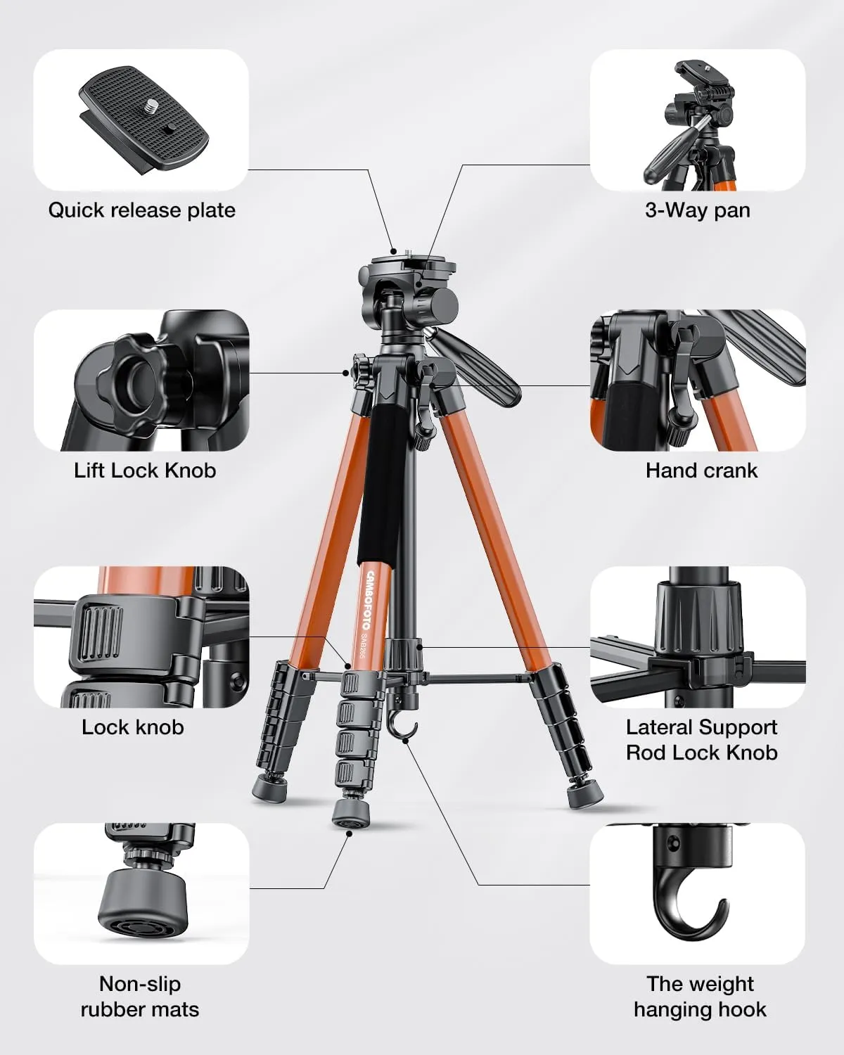 74"-Camera-Tripod, Professional Aluminum Heavy Duty Tripod Stand for Mirrorless Camera/DSLR/Cell Phone/Camcorder, with Holder and Travel Bag (Orange)