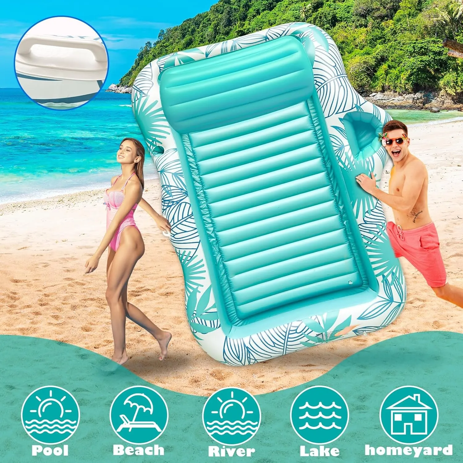 83" X 63" Extra Large Inflatable Tanning Pool Float Lounger for Adults with Backrest & Large Size Drink Holder, Water Filled Tanning Bed Pool Raft Floatie Blow up Pool Party Toys for Adults, Green