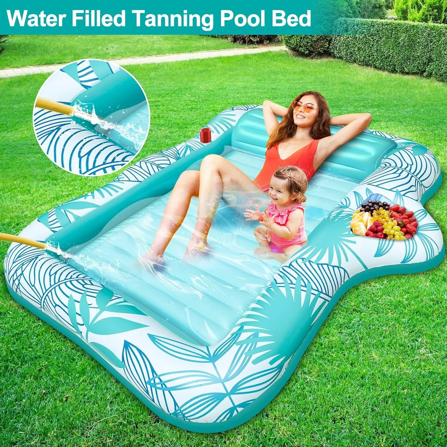 83" X 63" Extra Large Inflatable Tanning Pool Float Lounger for Adults with Backrest & Large Size Drink Holder, Water Filled Tanning Bed Pool Raft Floatie Blow up Pool Party Toys for Adults, Green