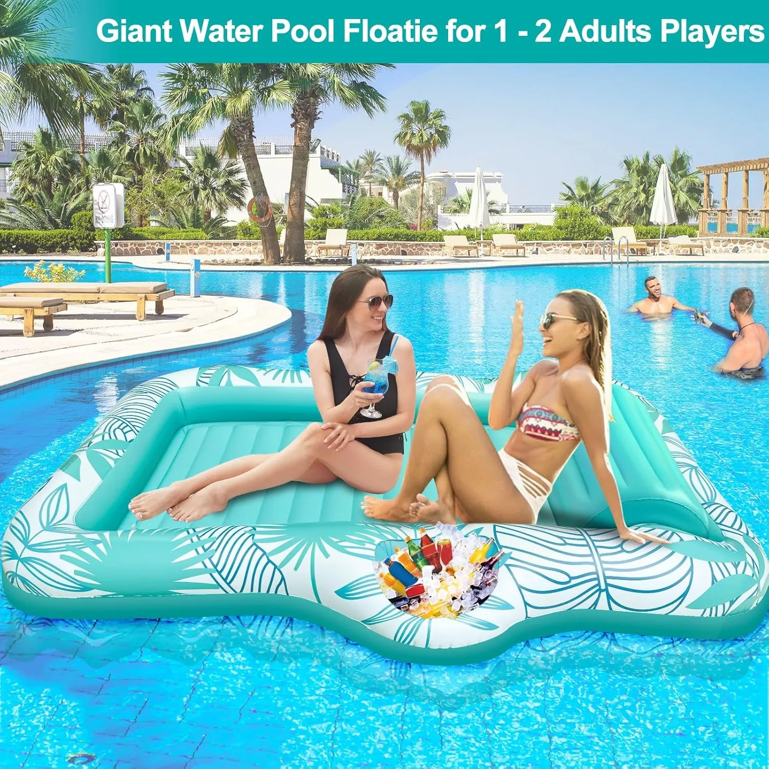 83" X 63" Extra Large Inflatable Tanning Pool Float Lounger for Adults with Backrest & Large Size Drink Holder, Water Filled Tanning Bed Pool Raft Floatie Blow up Pool Party Toys for Adults, Green