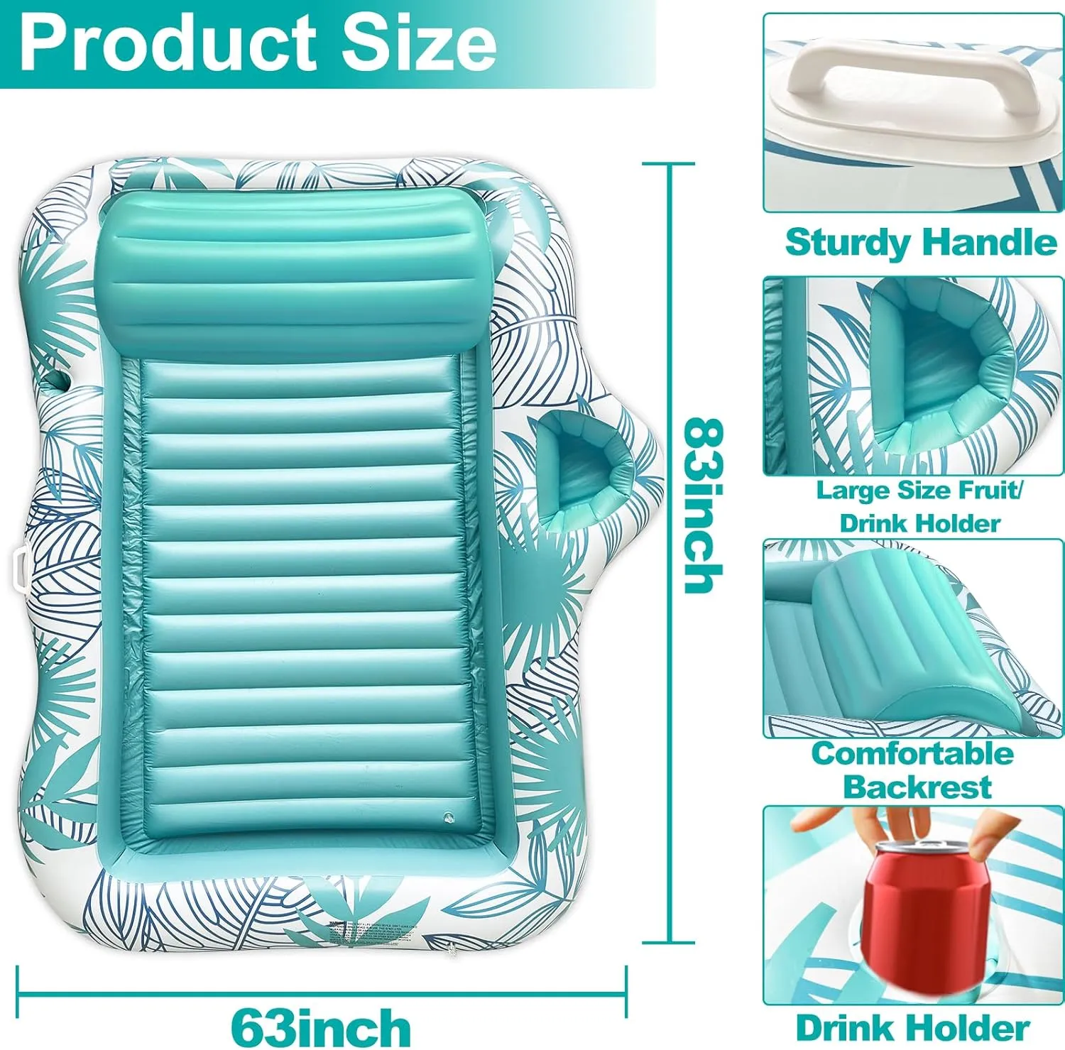 83" X 63" Extra Large Inflatable Tanning Pool Float Lounger for Adults with Backrest & Large Size Drink Holder, Water Filled Tanning Bed Pool Raft Floatie Blow up Pool Party Toys for Adults, Green