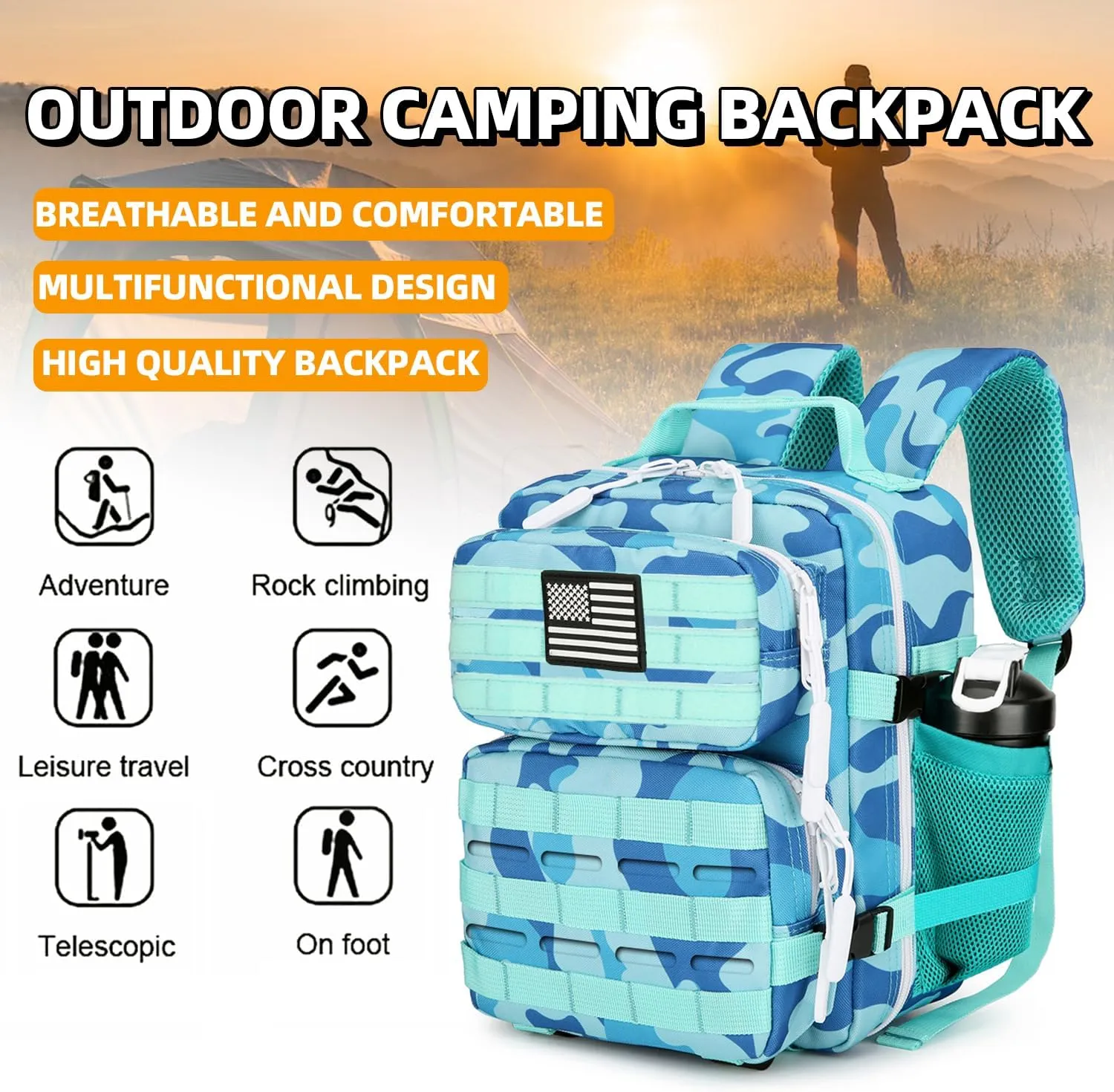 9L Tactical Assault Backpack Gym Backpack Hiking Travel Backpack Camping Backpack (Blue cp)