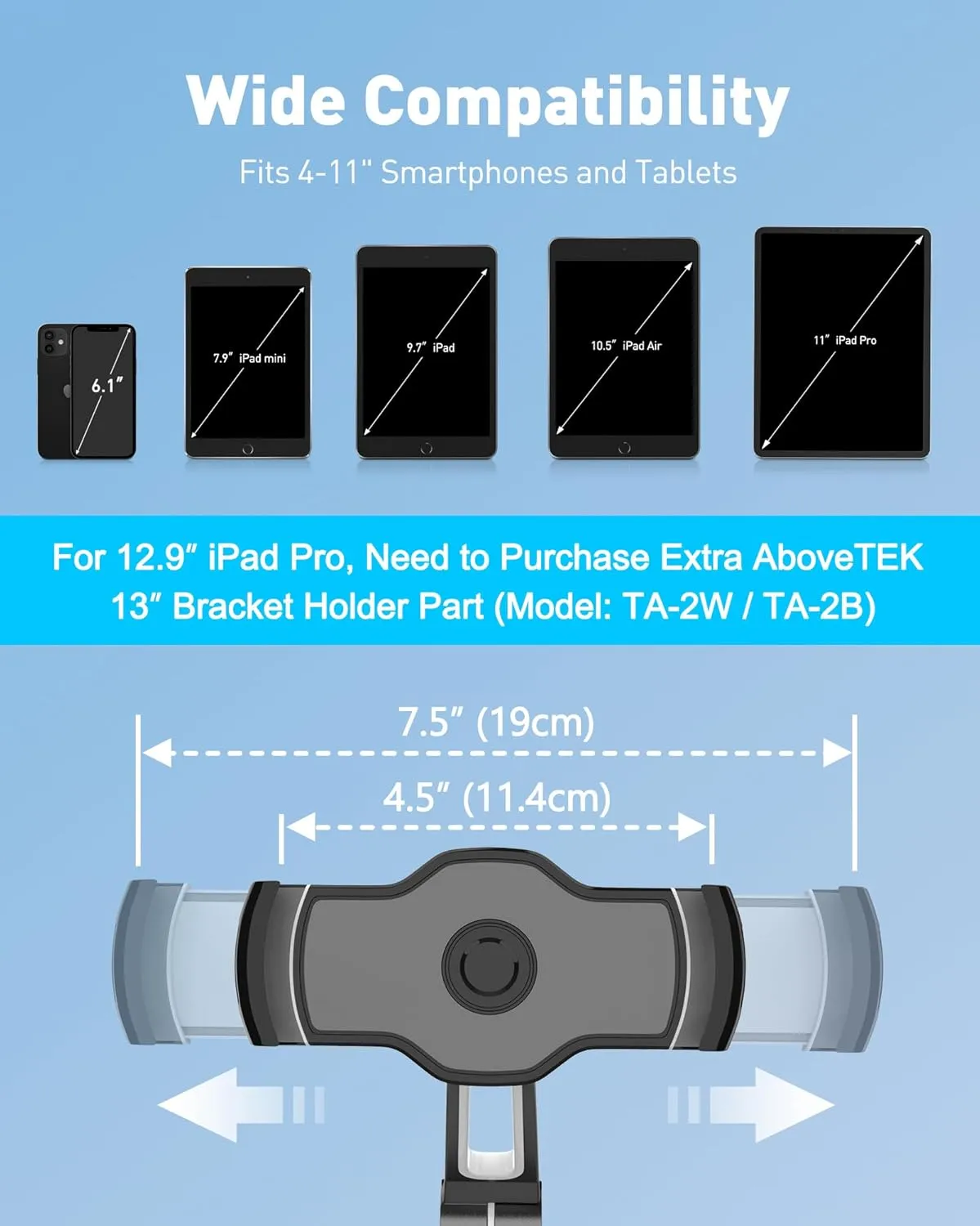 AboveTEK iPad Suction Mount, Phone Tablet Stand Holder with Suction Cup Fits 4"-11" Tablet/Phone/iPad mini/Air, Sticky iPads Mount on Window Bathroom Mirror, for Car Truck Windshield Boat (Black)