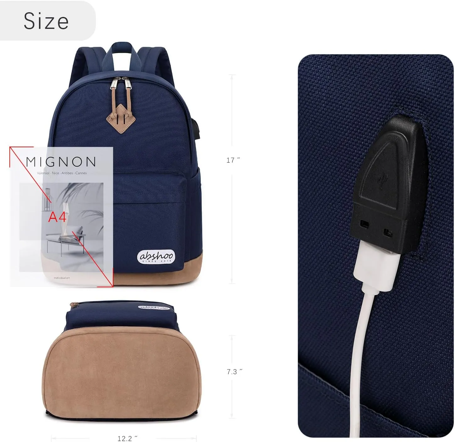 abshoo Plain Big Student Backpack For School Men College Water Resistant Teen Boys Girls School Bookbag (Navy)