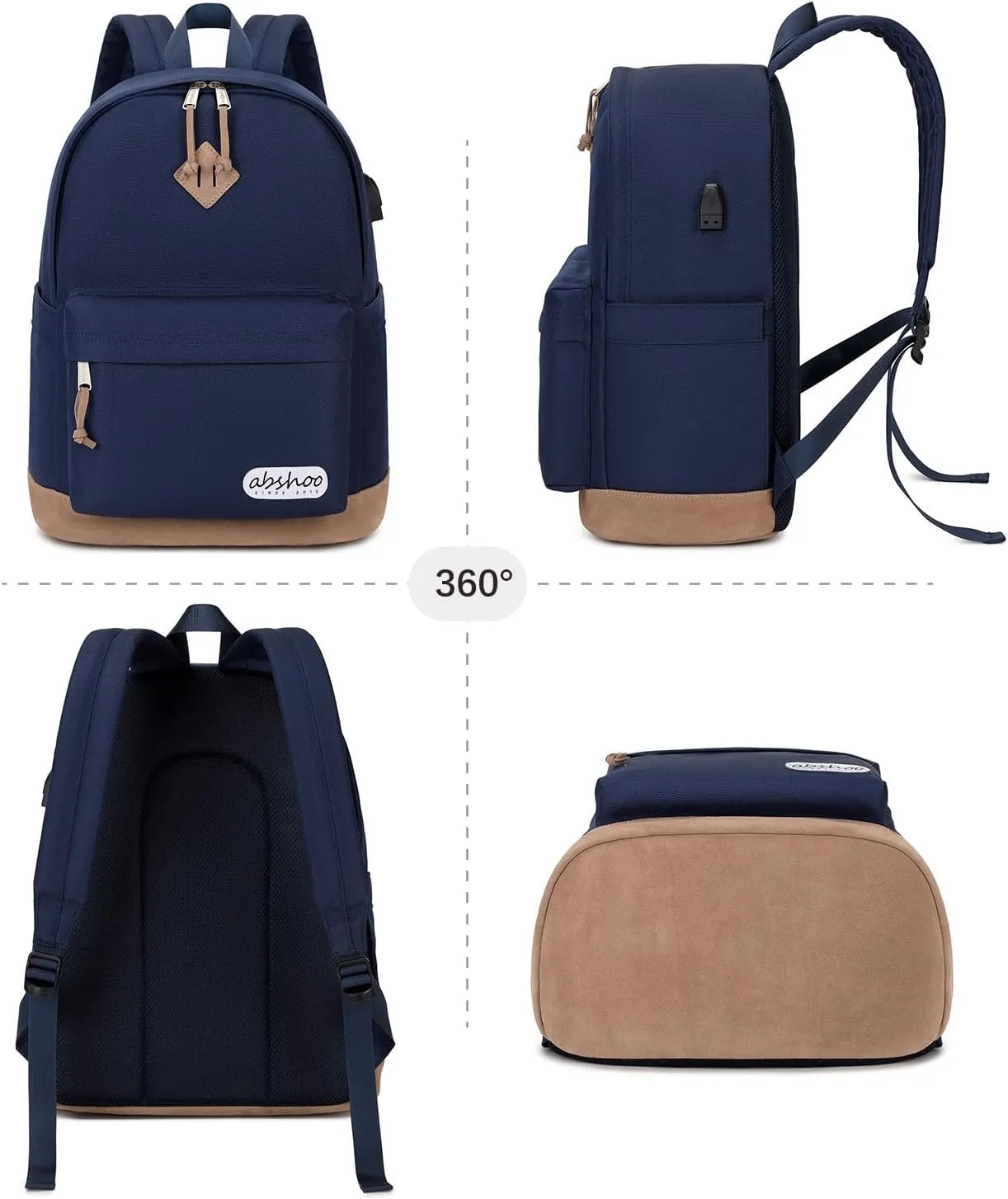 abshoo Plain Big Student Backpack For School Men College Water Resistant Teen Boys Girls School Bookbag (Navy)