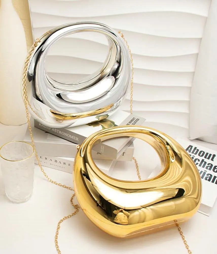 Acrylic Evening Clutch for Women Chic Metal Purses Shiny Round Handbag for Wedding Parties 2024